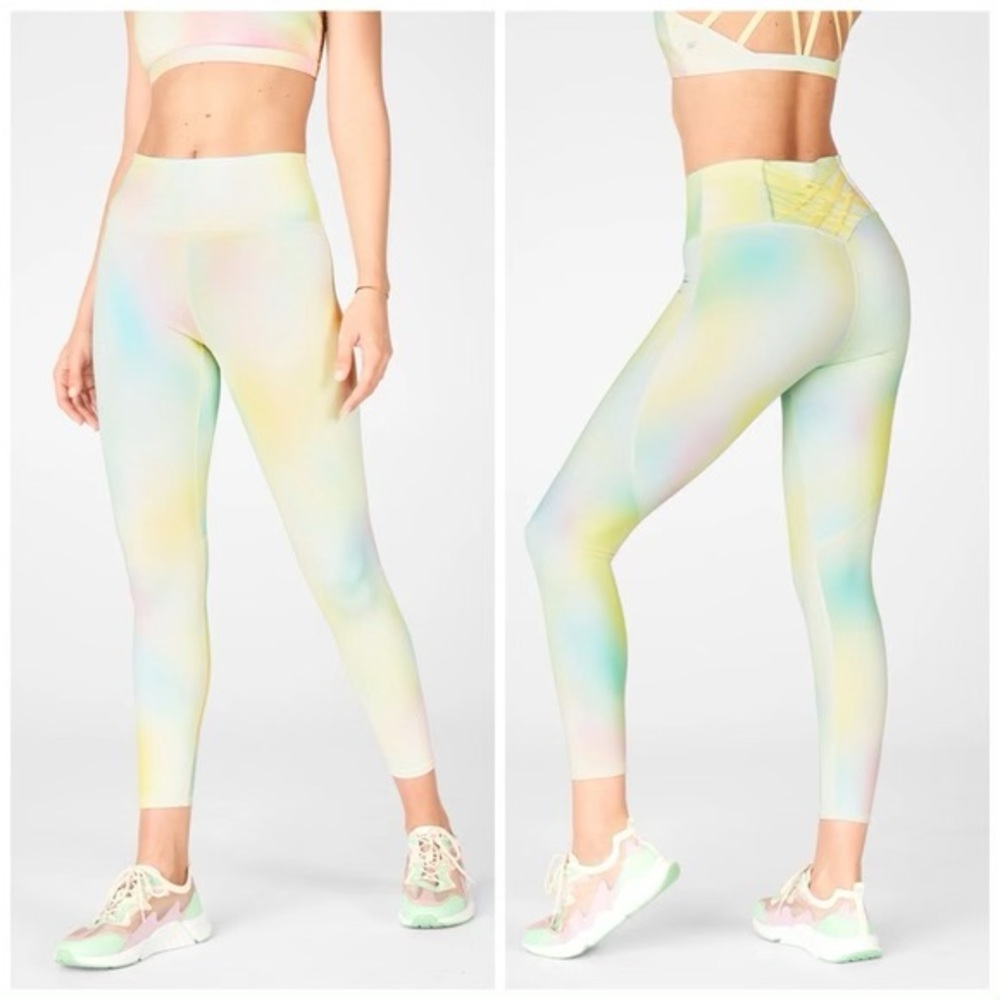 Fabletics Tie Dye Blur/Lemon Creme Boost Powerhold High Waisted 7/8 Leggings